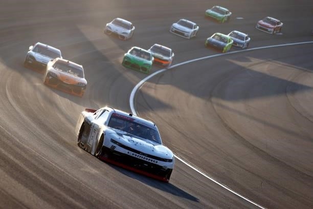 Allmendinger, driver of the Hyperice Chevrolet, leads the field during the NASCAR Xfinity Series Alsco Uniforms 302 at Las Vegas Motor Speedway on...
