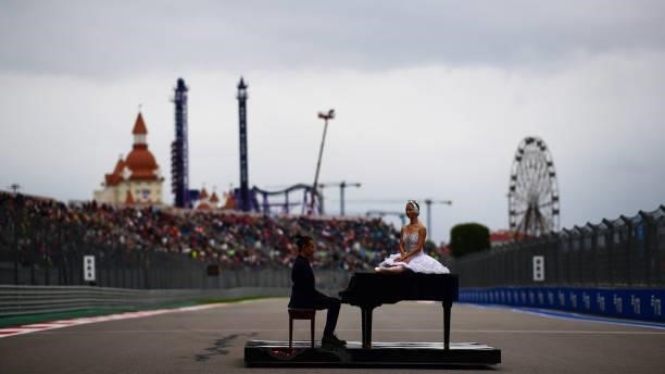 The national anthem is performed on the grid before the F1 Grand Prix of Russia at Sochi Autodrom on September 26, 2021 in Sochi, Russia.