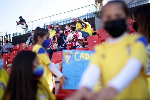 Fans show their support prior to the LaLiga Santander match between Rayo Vallecano and Cadiz CF at Campo de Futbol de Vallecas on September 26, 2021...