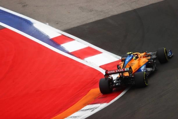 Lando Norris of Great Britain driving the McLaren F1 Team MCL35M Mercedes during the F1 Grand Prix of Russia at Sochi Autodrom on September 26, 2021...