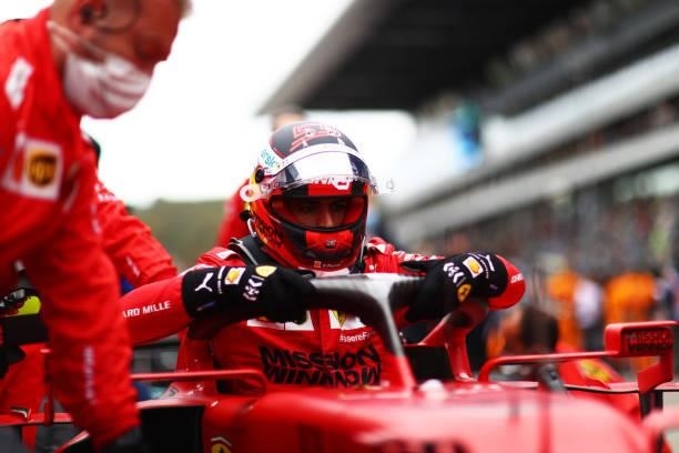 Carlos Sainz of Spain and Ferrari prepares to drive on the grid before the F1 Grand Prix of Russia at Sochi Autodrom on September 26, 2021 in Sochi,...