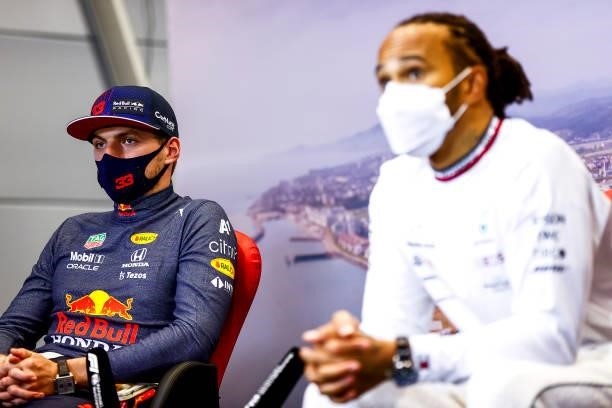 Second placed Max Verstappen of Netherlands and Red Bull Racing talks in the press conference after the F1 Grand Prix of Russia at Sochi Autodrom on...