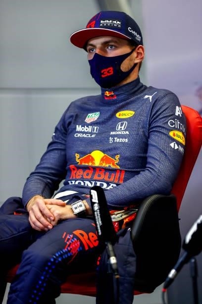 Second placed Max Verstappen of Netherlands and Red Bull Racing talks in the press conference after the F1 Grand Prix of Russia at Sochi Autodrom on...