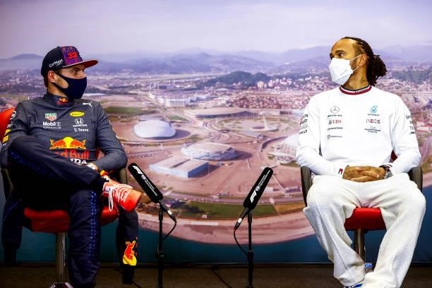 Race winner Lewis Hamilton of Great Britain and Mercedes GP and second placed Max Verstappen of Netherlands and Red Bull Racing talk in the press...