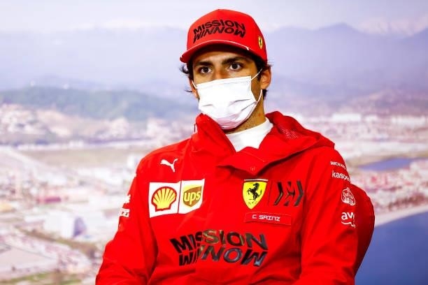Third placed Carlos Sainz of Spain and Ferrari talks in the press conference after the F1 Grand Prix of Russia at Sochi Autodrom on September 26,...