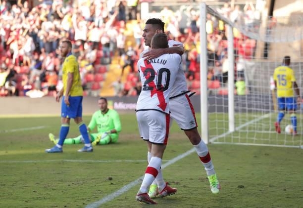 Radamel Falcao Garcia of Rayo Vallecano celebrates with Ivan Balliu after scoring their side's second goal during the LaLiga Santander match between...
