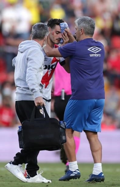 Oscar Valentin of Rayo Vallecano leaves the pitch following an injury during the LaLiga Santander match between Rayo Vallecano and Cadiz CF at Campo...