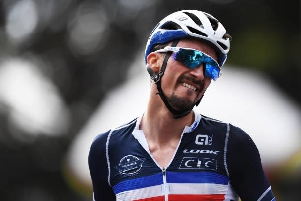 Julian Alaphilippe of France celebrates at finish line as race winner during the 94th UCI Road World Championships 2021 - Men Elite Road Race a...