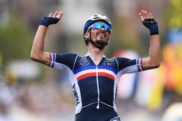 Julian Alaphilippe of France celebrates at finish line as race winner during the 94th UCI Road World Championships 2021 - Men Elite Road Race a...
