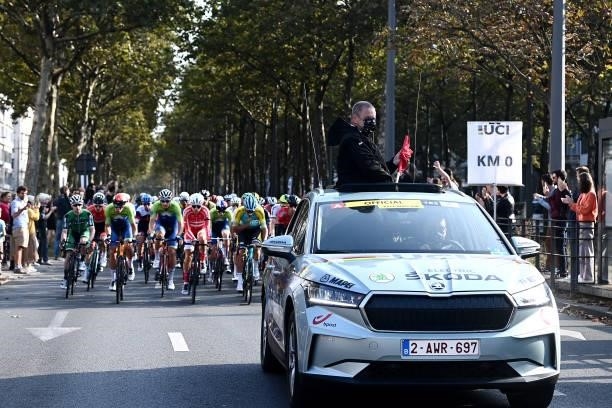 Wim Van Herreweghe of Belgium Race Director gives the official start during the 94th UCI Road World Championships 2021 - Men Elite Road Race a...