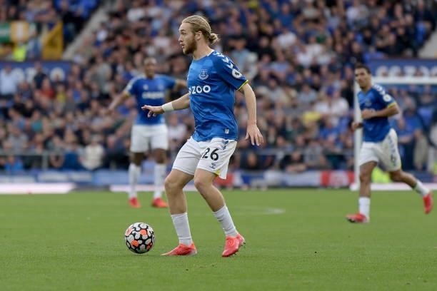Tom Davies of Everton during the Premier League match between Everton and Norwich City at Goodison Park on September 25, 2021 in Liverpool, England..