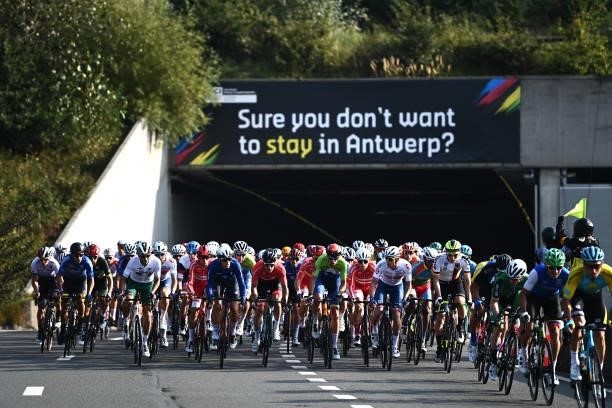 General view of the peloton competing during the 94th UCI Road World Championships 2021 - Men Elite Road Race a 268,3km race from Antwerp to Leuven /...