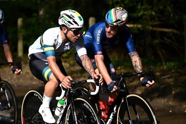 Caleb Ewan of Australia and Giacomo Nizzolo of Italy compete during the 94th UCI Road World Championships 2021 - Men Elite Road Race a 268,3km race...