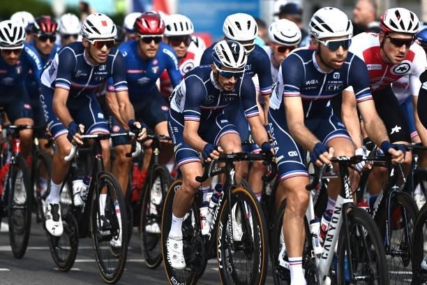Julian Alaphilippe of France with teammates competes during the 94th UCI Road World Championships 2021 - Men Elite Road Race a 268,3km race from...