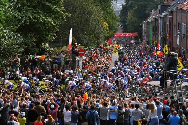 General view of the Peloton competing while fans cheer during the 94th UCI Road World Championships 2021 - Men Elite Road Race a 268,3km race from...