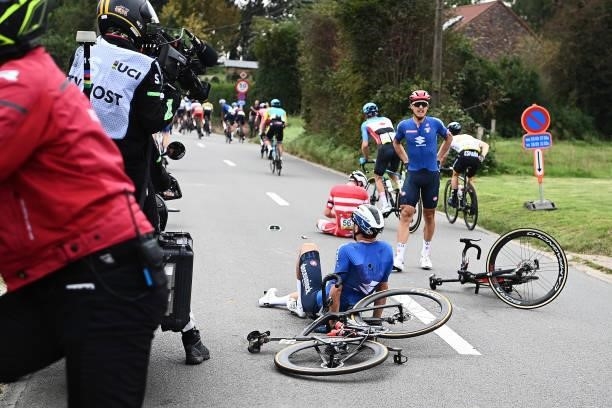 Davide Ballerini of Italy and Matteo Trentin of Italy involved in a crash during the 94th UCI Road World Championships 2021 - Men Elite Road Race a...