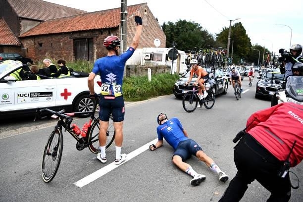 Davide Ballerini of Italy and Matteo Trentin of Italy involved in a crash during the 94th UCI Road World Championships 2021 - Men Elite Road Race a...