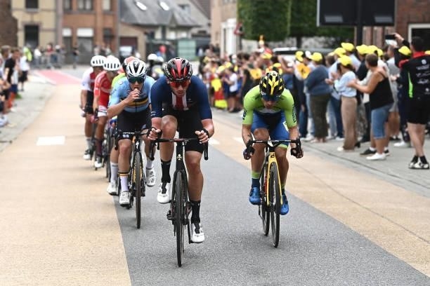 Brandon Mcnulty of The United States and Primoz Roglic of Slovenia compete during the 94th UCI Road World Championships 2021 - Men Elite Road Race a...