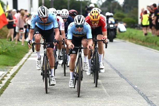 Tim Declercq of Belgium and Remco Evenepoel of Belgium compete during the 94th UCI Road World Championships 2021 - Men Elite Road Race a 268,3km race...