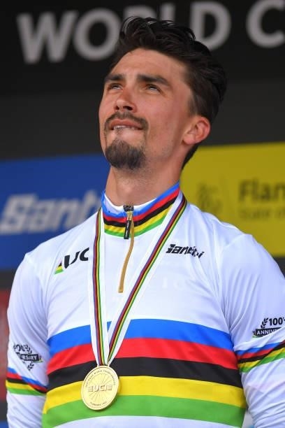 Gold medalist Julian Alaphilippe of France celebrates winning during the medal ceremony after the 94th UCI Road World Championships 2021 - Men Elite...