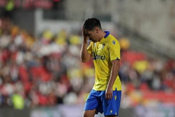Salvi Sanchez of Cadiz CF reacts during the LaLiga Santander match between Rayo Vallecano and Cadiz CF at Campo de Futbol de Vallecas on September...