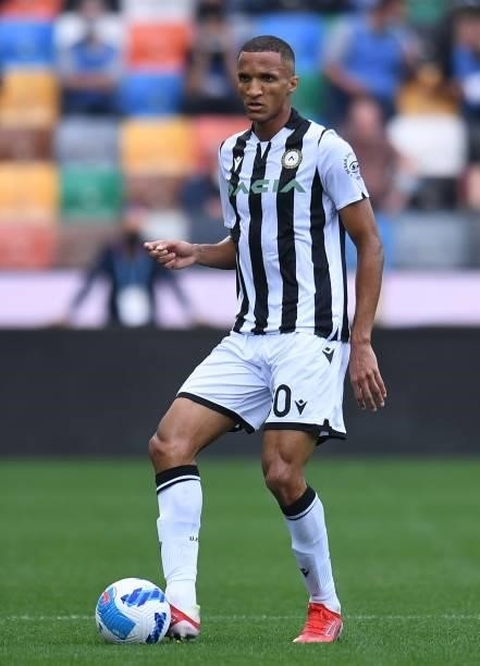 Rodrigo Becao of Udinese Calcio in action during the Serie A match between Udinese Calcio and ACF Fiorentina at Dacia Arena on September 26, 2021 in...