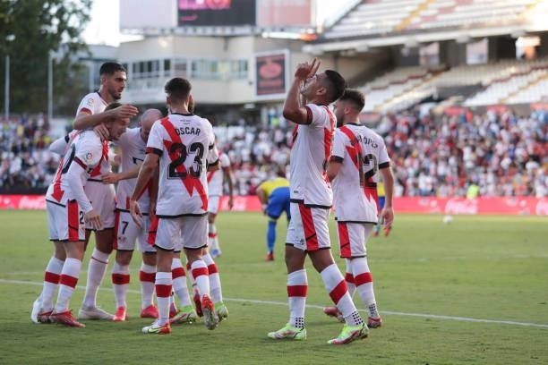 Radamel Falcao of Rayo Vallecano de Madrid celebrates scoring their second goal with teammates Oscar Martin Luengo , Alvaro Garcia and Ivan Balliu...