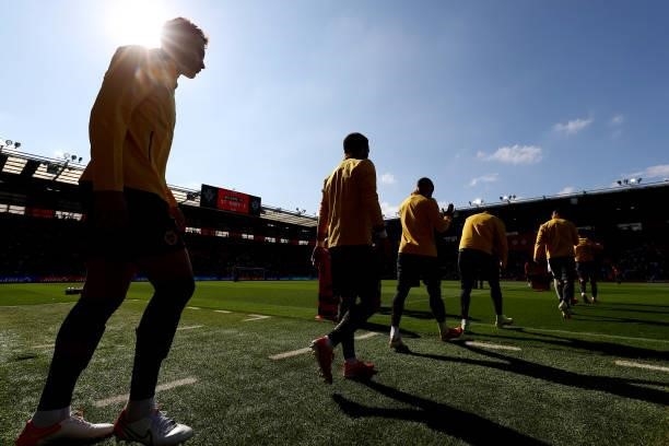 Wolverhampton Wanderers players walk out ahead of the Premier League match between Southampton and Wolverhampton Wanderers at St Mary's Stadium on...