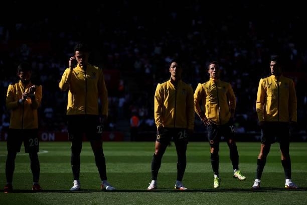 Joao Moutinho, Maximilian Kilman, Hee-chan Hwang, Daniel Podence and Raul Jimenez of Wolverhampton Wanderers line up ahead of the Premier League...