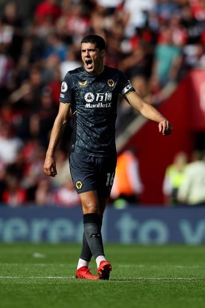 Conor Coady of Wolverhampton Wanderers gives his team instructions during the Premier League match between Southampton and Wolverhampton Wanderers at...