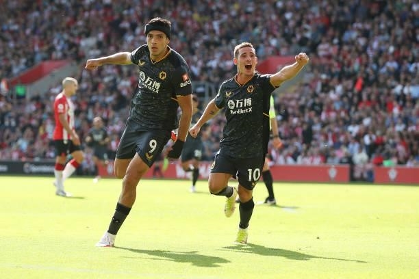 Raul Jimenez of Wolverhampton Wanderers celebrates after scoring his team's first goal during the Premier League match between Southampton and...