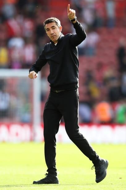 Bruno Lage, Manager of Wolverhampton Wanderers shows appreciation to the fans following victory in the Premier League match between Southampton and...