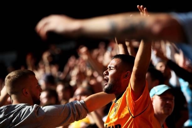 Wolverhampton Wanderers fans celebrate after Raul Jimenez scored their team's first goal during the Premier League match between Southampton and...