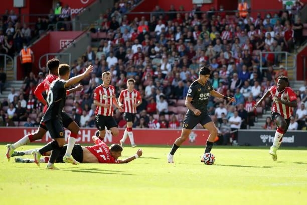 Raul Jimenez of Wolverhampton Wanderers scores his team's first goal during the Premier League match between Southampton and Wolverhampton Wanderers...