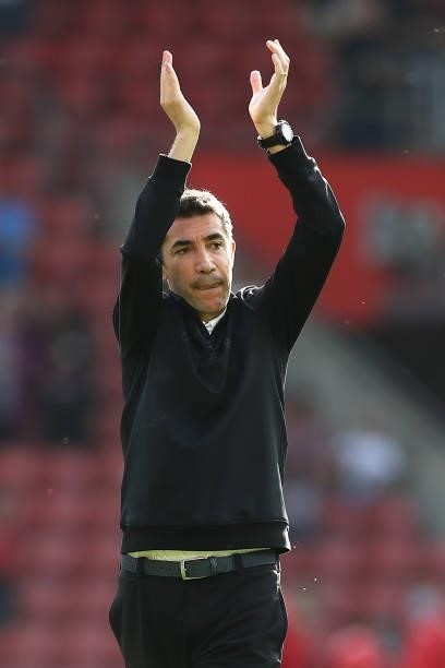 Bruno Lage, Manager of Wolverhampton Wanderers shows appreciation to the fans following victory in the Premier League match between Southampton and...