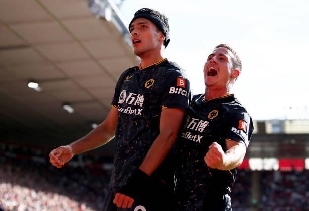 Raul Jimenez of Wolverhampton Wanderers celebrates after scoring his team's first goal during the Premier League match between Southampton and...