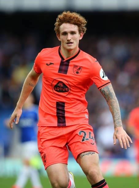 Josh Sargent of Norwich City during the Premier League match between Everton and Norwich City at Goodison Park on September 25, 2021 in Liverpool,...