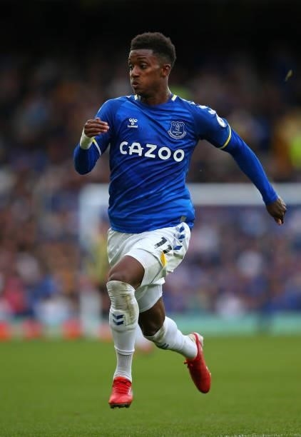 Demarai Gray of Everton during the Premier League match between Everton and Norwich City at Goodison Park on September 25, 2021 in Liverpool, England.