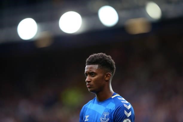 Demarai Gray of Everton looks on during the Premier League match between Everton and Norwich City at Goodison Park on September 25, 2021 in...