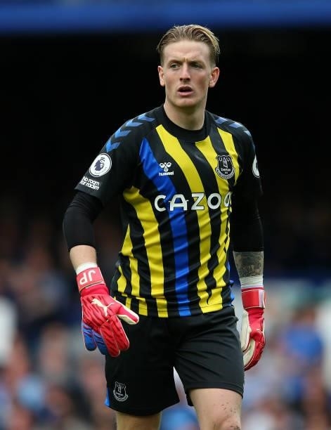 Jordan Pickford of Everton during the Premier League match between Everton and Norwich City at Goodison Park on September 25, 2021 in Liverpool,...