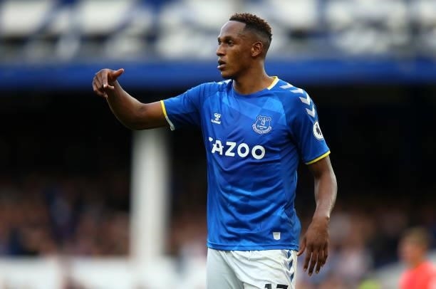 Yerry Mina of Everton looks on during the Premier League match between Everton and Norwich City at Goodison Park on September 25, 2021 in Liverpool,...