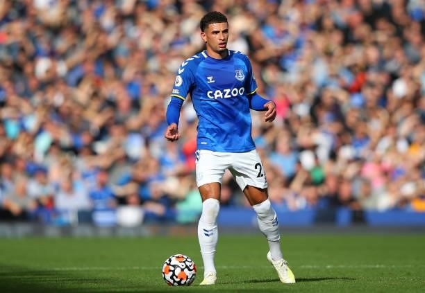 Ben Godfrey of Everton during the Premier League match between Everton and Norwich City at Goodison Park on September 25, 2021 in Liverpool, England.
