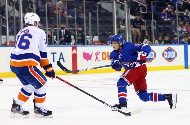 Nils Lundkvist of the New York Rangers takes the second period shot against the New York Islanders in a preseason game at Madison Square Garden on...