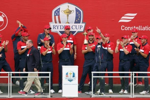 Captain Steve Stricker of team United States celebrates with his team after defeating team Europe during Sunday Singles Matches of the 43rd Ryder Cup...