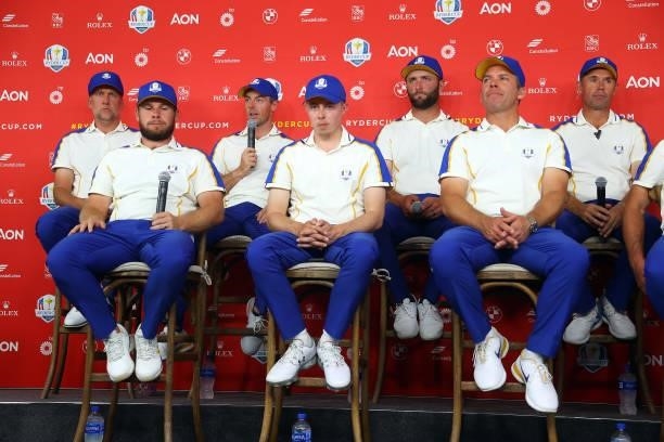 Rory McIlroy of Northern Ireland and team Europe speaks to the media after their 19 to 9 loss to Team United States during the 43rd Ryder Cup at...