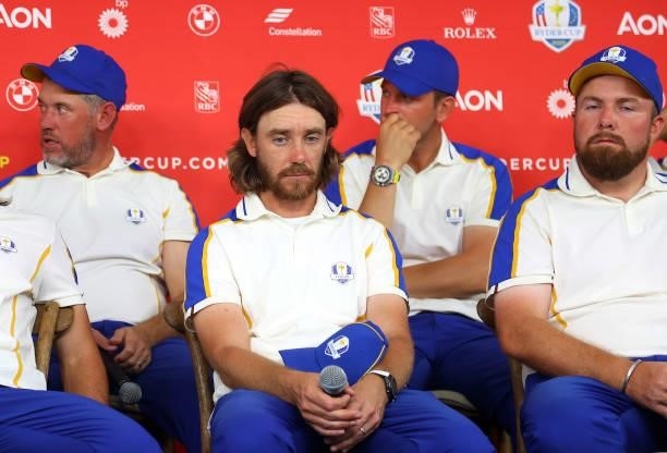 Tommy Fleetwood of England and team Europe attends a press conference after their 19 to 9 loss to Team United States during the 43rd Ryder Cup at...