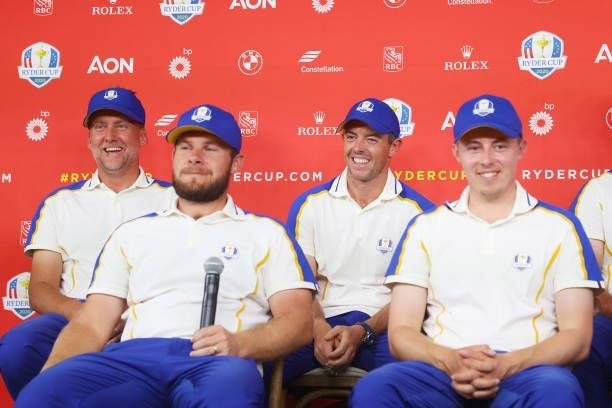 Ian Poulter of England and team Europe, Tyrrell Hatton of England and team Europe, Rory McIlroy of Northern Ireland and team Europe and Matthew...