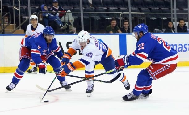 Kieffer Bellows of the New York Islanders skates against the New York Rangers in a preseason game at Madison Square Garden on September 26, 2021 in...