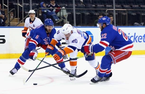 Kieffer Bellows of the New York Islanders skates against the New York Rangers in a preseason game at Madison Square Garden on September 26, 2021 in...