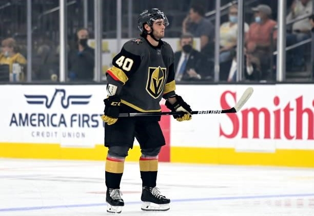 Lukas Cormier of the Vegas Golden Knights skates during the first period against the San Jose Sharks at T-Mobile Arena on September 26, 2021 in Las...
